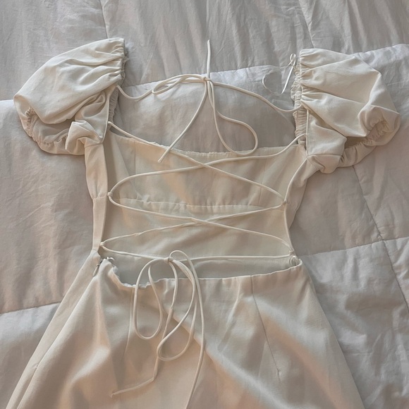 Zara White Linen Blend Mini Dress with Puff Sleeves - Picture 3 of 4